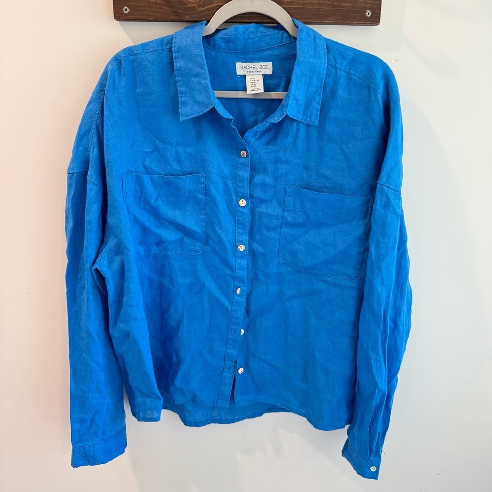 Rachel Zoe 100%‎ Linen Cobalt Blue Button Up Shirt XL